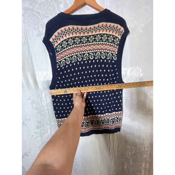 Vintage Cardigan Sweater Vest Medium Navy Blue Cream Pink Nordic Winter - Picture 7 of 8